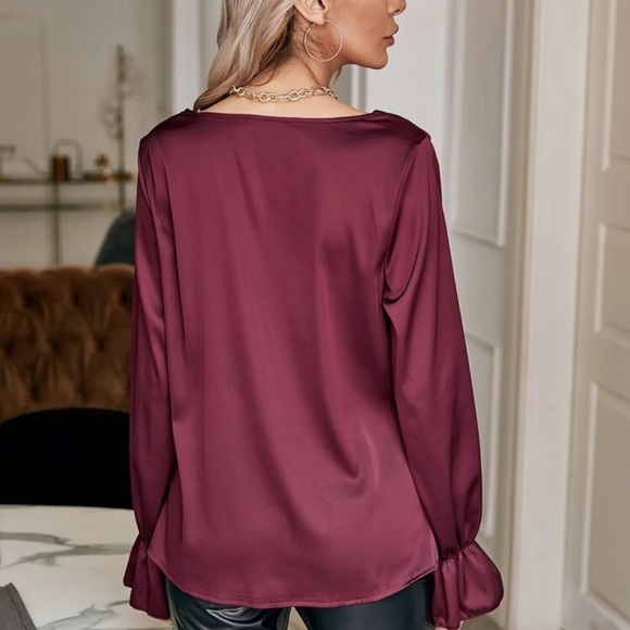 Satin silky long sleeve ruffle cuff cowl neck swoop blouse burgundy red - Picture 3 of 12